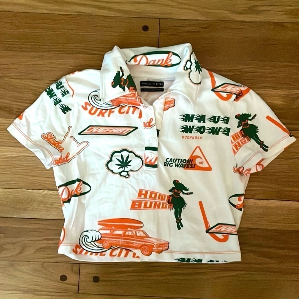 Urban Outfitters Collar Knit Crop Polo Shirt Surf Waves L